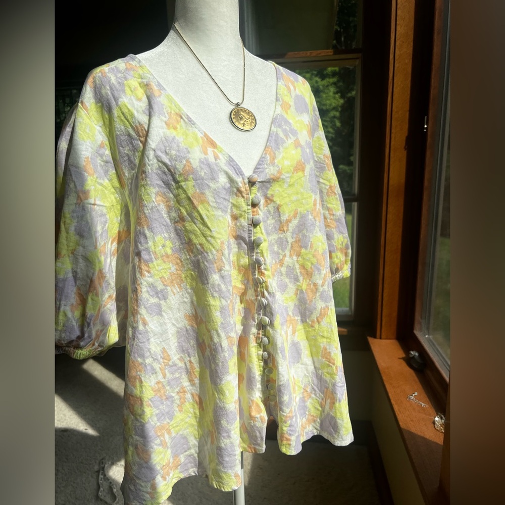 Sabo Leta Top Womens XL Yellow Violet Multi Puff Sleeve Pintuck Cottage Boho